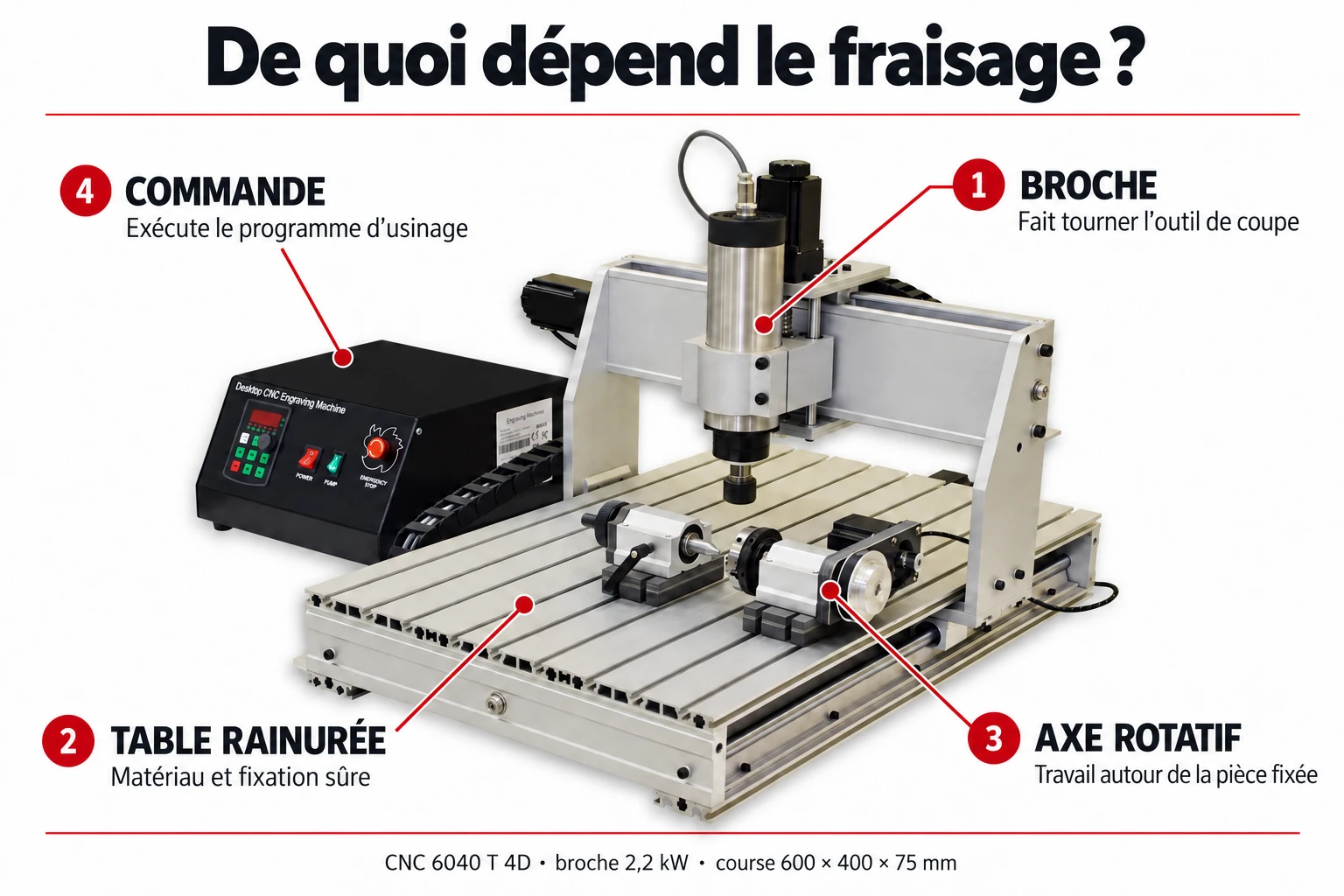 Fraiseuse CNC6040T : broche, table rainurée, axe rotatif et commande
