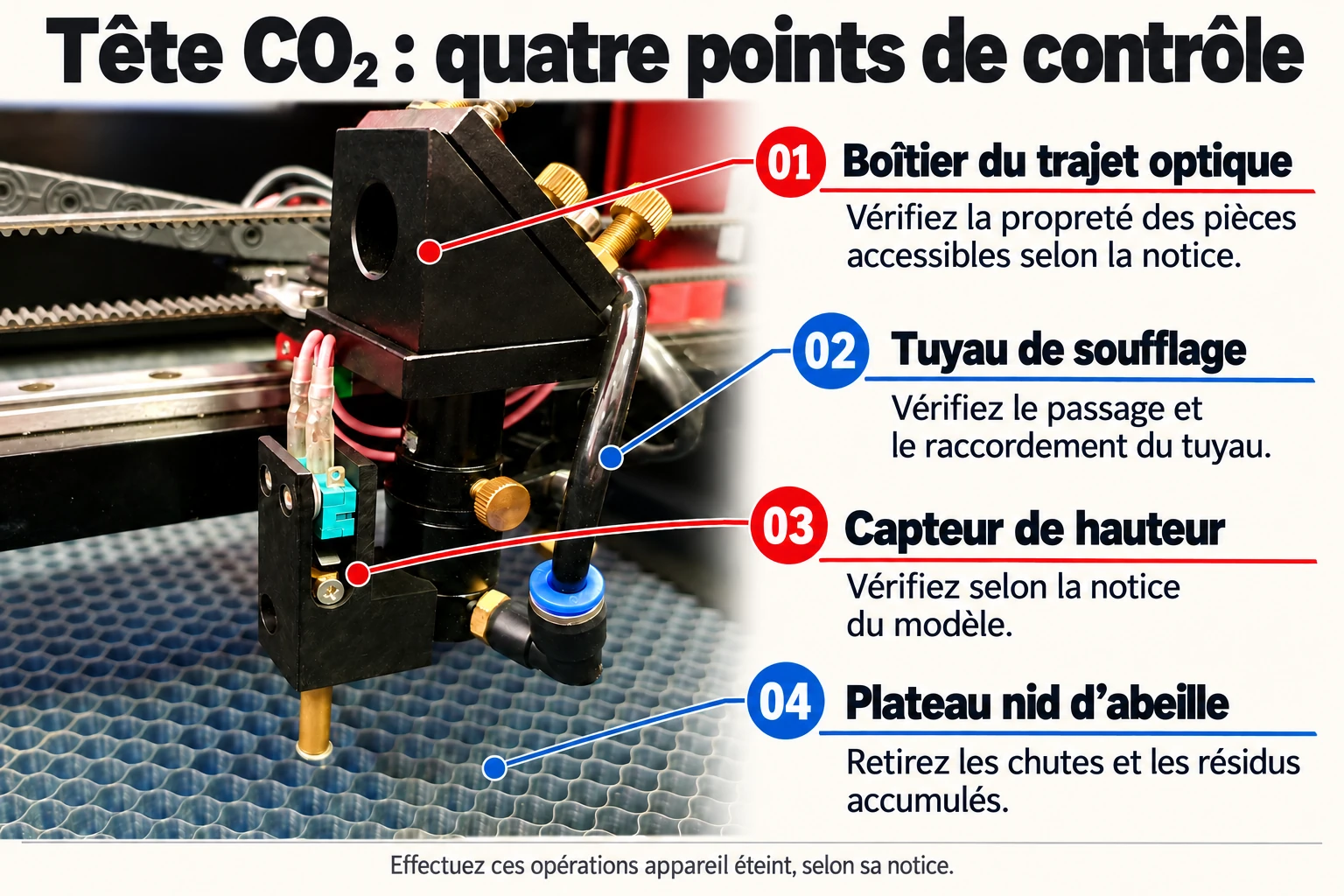 Tête CO₂ : boîtier optique, soufflage, capteur de hauteur et table