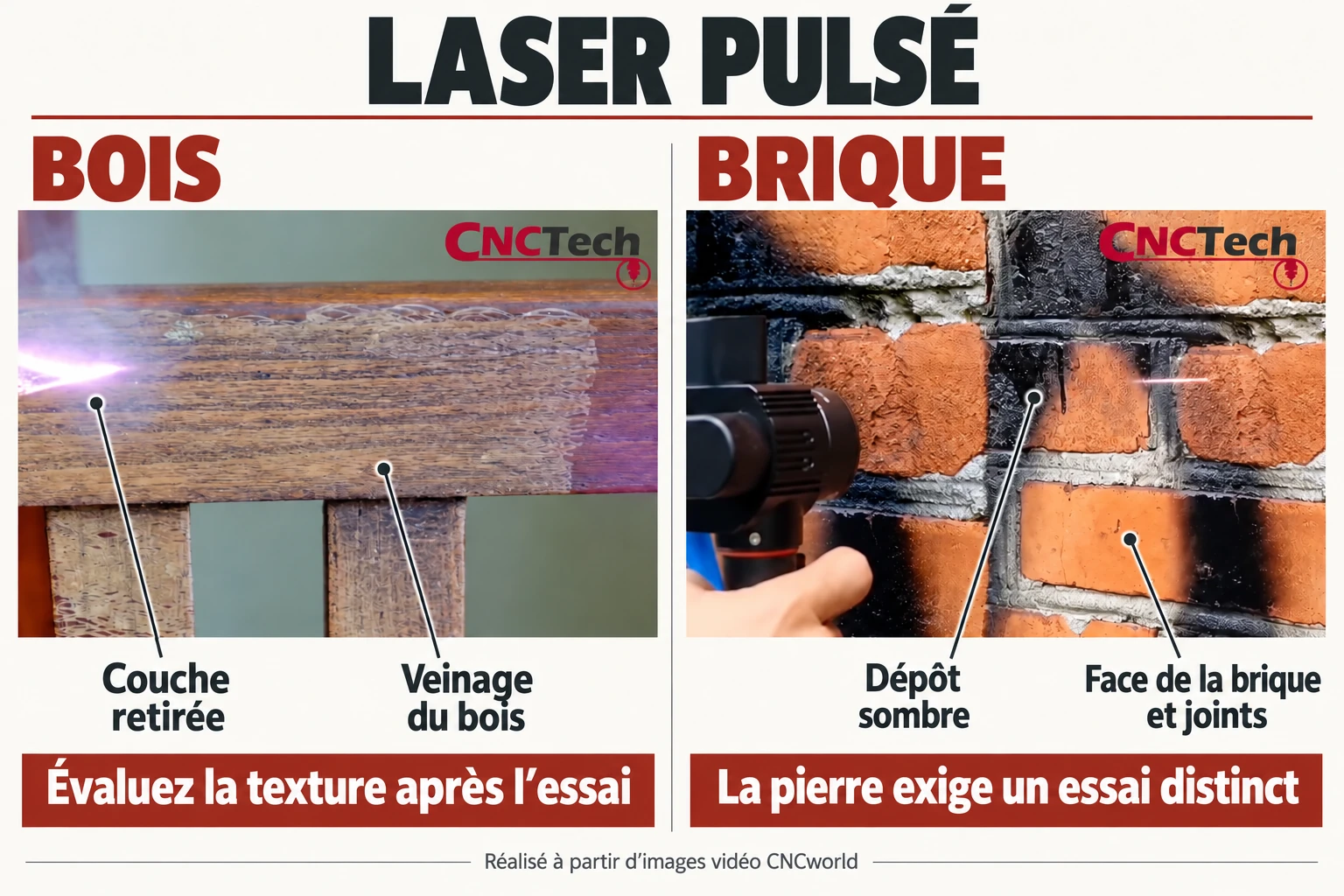 Laser pulsé : bois et brique — couche retirée, veinage, parement et joints