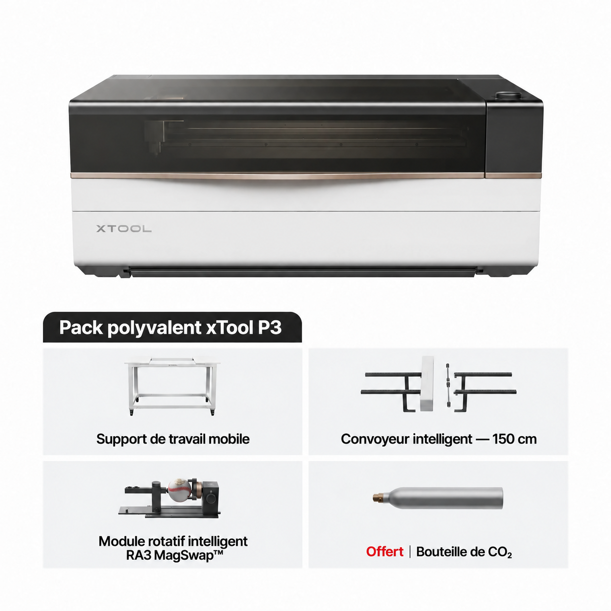 Pack polyvalent xTool P3 : support, convoyeur de 150 cm, RA3 et bouteille de CO₂