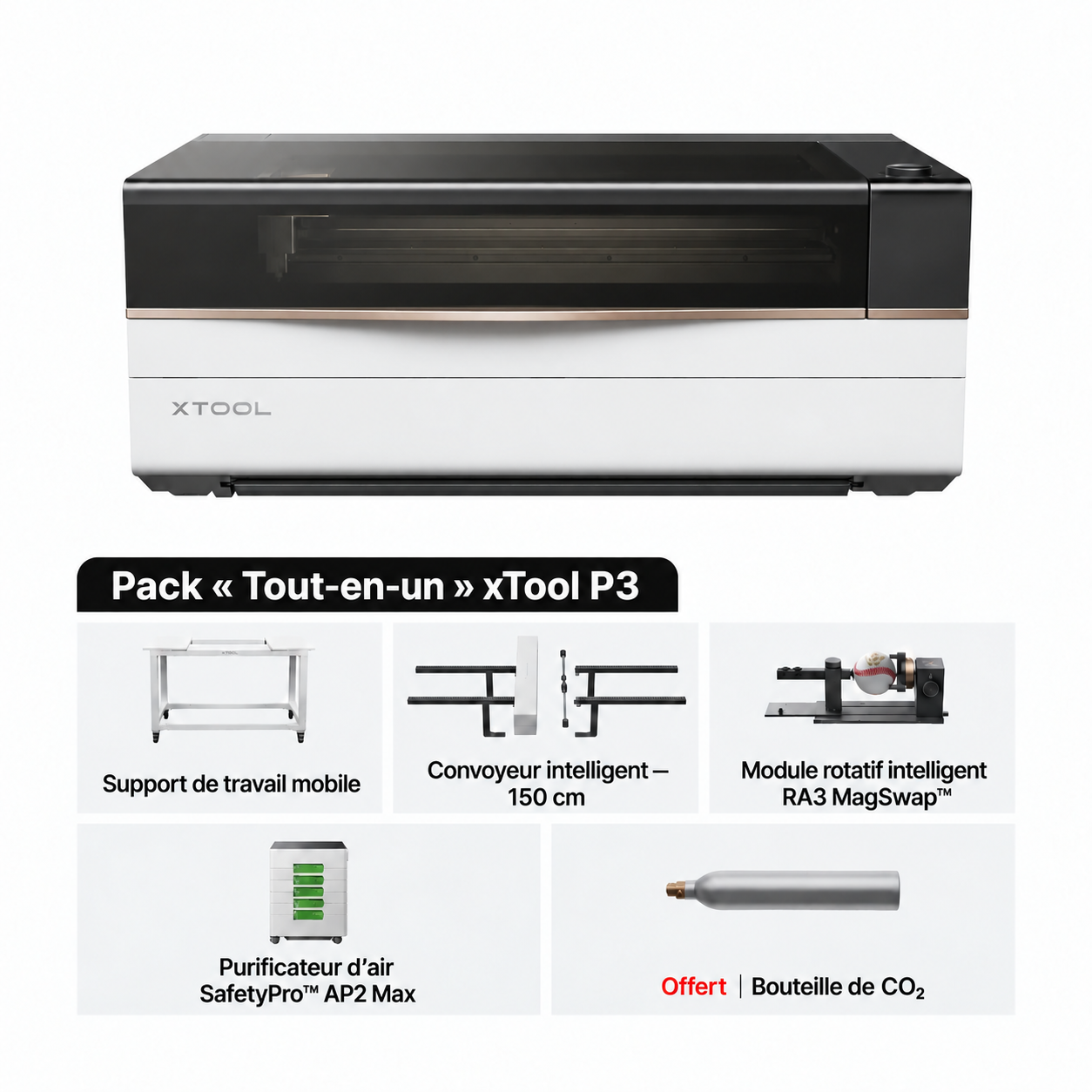 Pack xTool P3 Tout-en-un avec AP2 Max, convoyeur, support et RA3